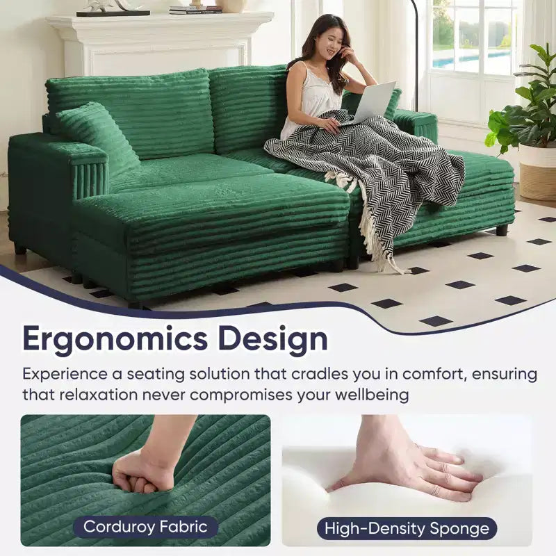 Mjkone Chaise longue surdimensionnée d'intérieur, canapé moderne en velours côtelé de 85 pouces de large avec 2 poufs mobiles, fauteuil de canapé paresseux confortable