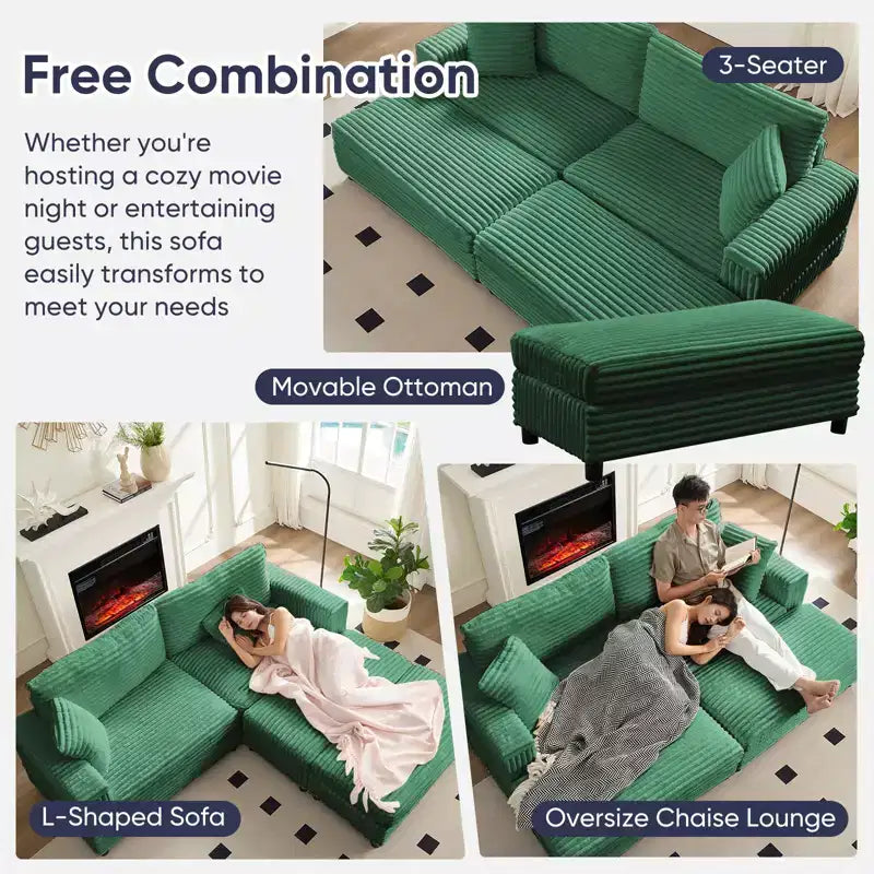 Mjkone Chaise longue surdimensionnée d'intérieur, canapé moderne en velours côtelé de 85 pouces de large avec 2 poufs mobiles, fauteuil de canapé paresseux confortable