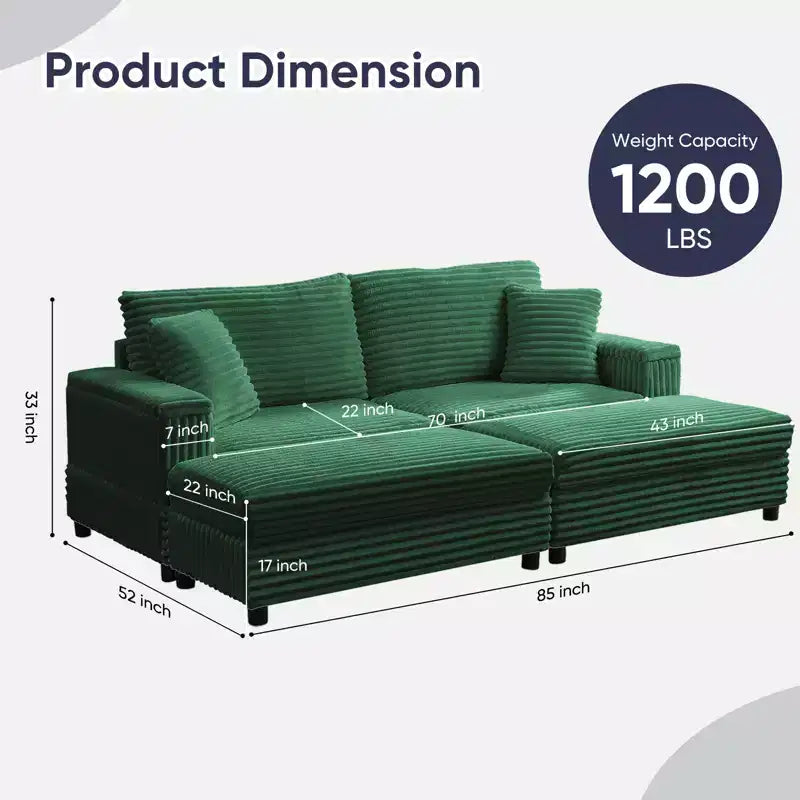 Mjkone Chaise longue surdimensionnée d'intérieur, canapé moderne en velours côtelé de 85 pouces de large avec 2 poufs mobiles, fauteuil de canapé paresseux confortable