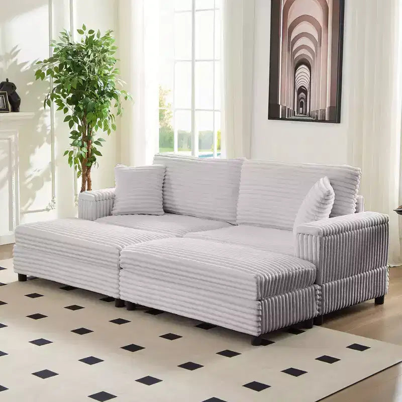 Mjkone Chaise longue surdimensionnée d'intérieur, canapé moderne en velours côtelé de 85 pouces de large avec 2 poufs mobiles, fauteuil de canapé paresseux confortable