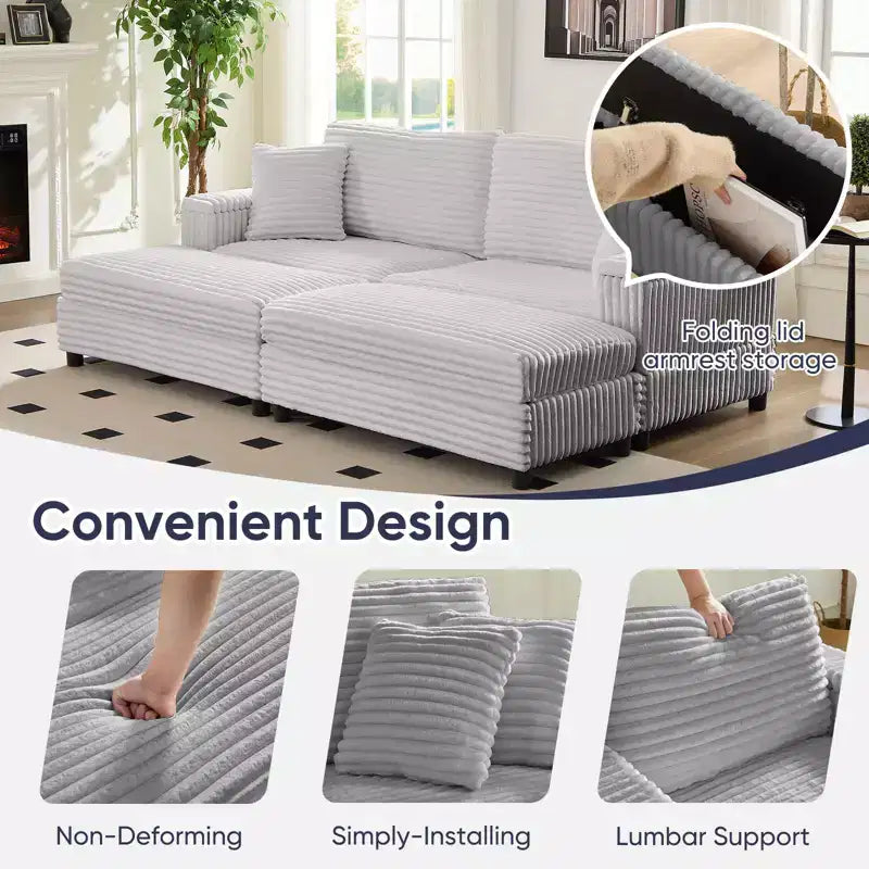 Mjkone Chaise longue surdimensionnée d'intérieur, canapé moderne en velours côtelé de 85 pouces de large avec 2 poufs mobiles, fauteuil de canapé paresseux confortable