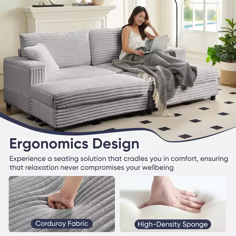 Mjkone Chaise longue surdimensionnée d'intérieur, canapé moderne en velours côtelé de 85 pouces de large avec 2 poufs mobiles, fauteuil de canapé paresseux confortable