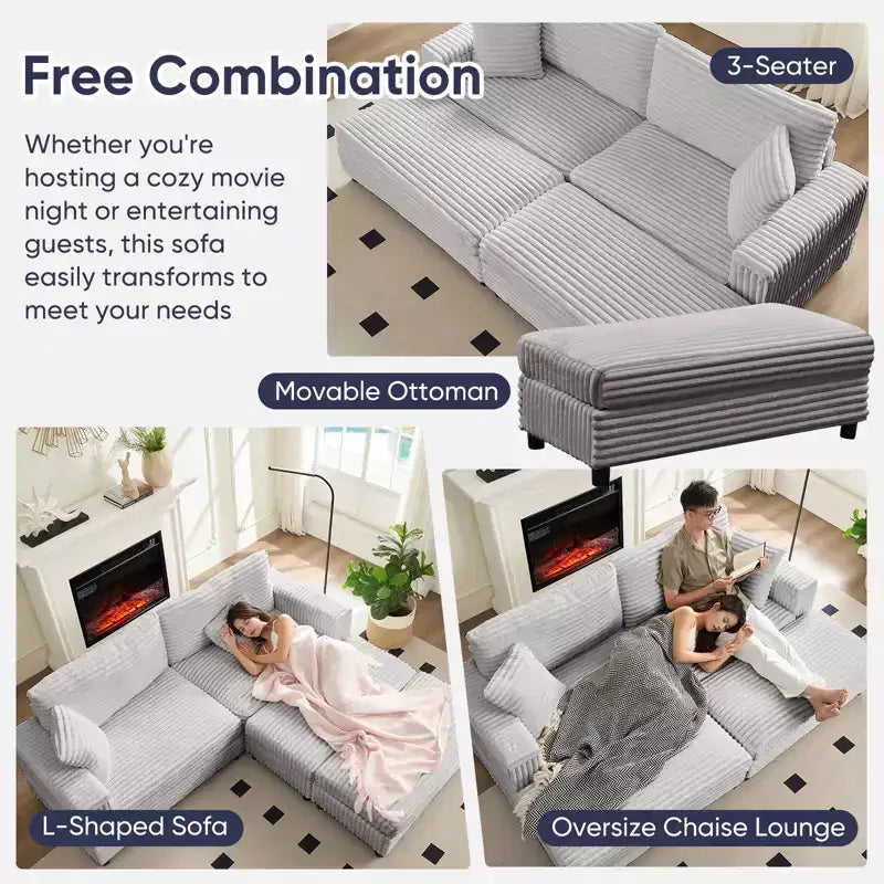 Mjkone Chaise longue surdimensionnée d'intérieur, canapé moderne en velours côtelé de 85 pouces de large avec 2 poufs mobiles, fauteuil de canapé paresseux confortable