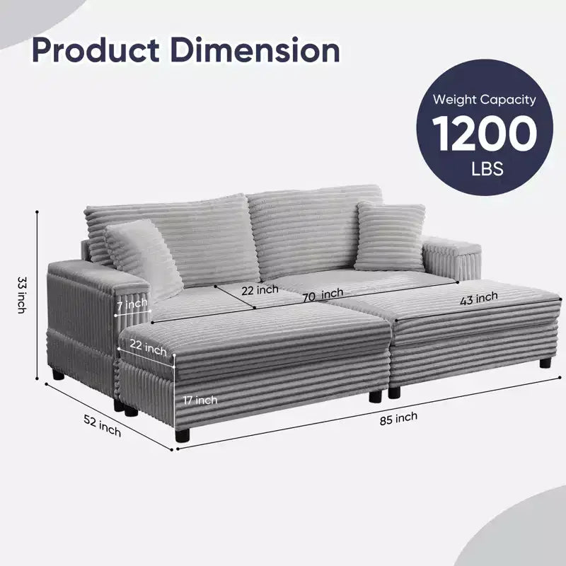 Mjkone Chaise longue surdimensionnée d'intérieur, canapé moderne en velours côtelé de 85 pouces de large avec 2 poufs mobiles, fauteuil de canapé paresseux confortable