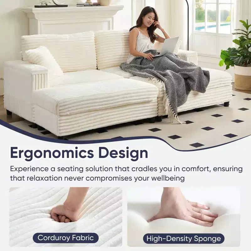 Mjkone Chaise longue surdimensionnée d'intérieur, canapé moderne en velours côtelé de 85 pouces de large avec 2 poufs mobiles, fauteuil de canapé paresseux confortable
