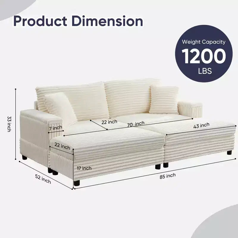 Mjkone Chaise longue surdimensionnée d'intérieur, canapé moderne en velours côtelé de 85 pouces de large avec 2 poufs mobiles, fauteuil de canapé paresseux confortable