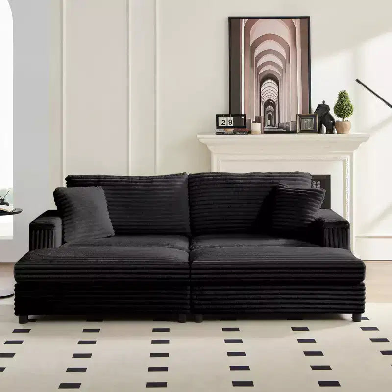 Mjkone Chaise longue surdimensionnée d'intérieur, canapé moderne en velours côtelé de 85 pouces de large avec 2 poufs mobiles, fauteuil de canapé paresseux confortable