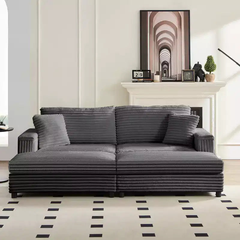 Mjkone Chaise longue surdimensionnée d'intérieur, canapé moderne en velours côtelé de 85 pouces de large avec 2 poufs mobiles, fauteuil de canapé paresseux confortable