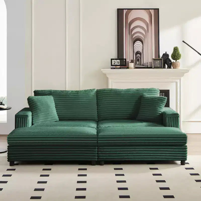 Mjkone Chaise longue surdimensionnée d'intérieur, canapé moderne en velours côtelé de 85 pouces de large avec 2 poufs mobiles, fauteuil de canapé paresseux confortable