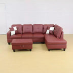 Élégant canapé sectionnel rouge en cuir semi-PU - Design en L, coussins moelleux, pouf de rangement, mobilier de salon moderne