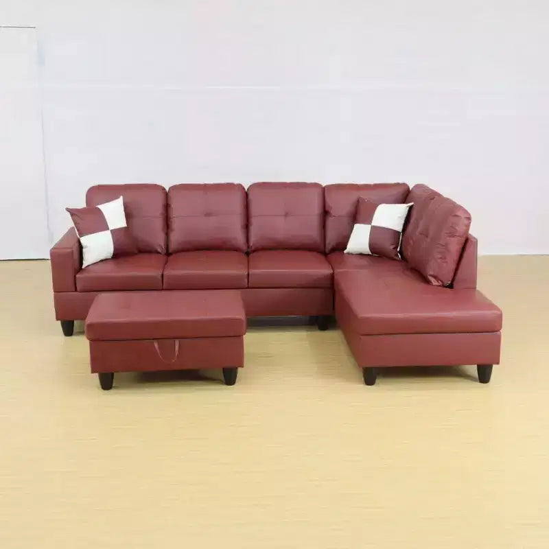 Élégant canapé sectionnel rouge en cuir semi-PU - Design en L, coussins moelleux, pouf de rangement, mobilier de salon moderne