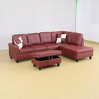 Élégant canapé sectionnel rouge en cuir semi-PU - Design en L, coussins moelleux, pouf de rangement, mobilier de salon moderne