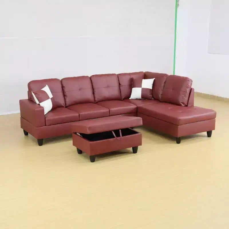 Élégant canapé sectionnel rouge en cuir semi-PU - Design en L, coussins moelleux, pouf de rangement, mobilier de salon moderne