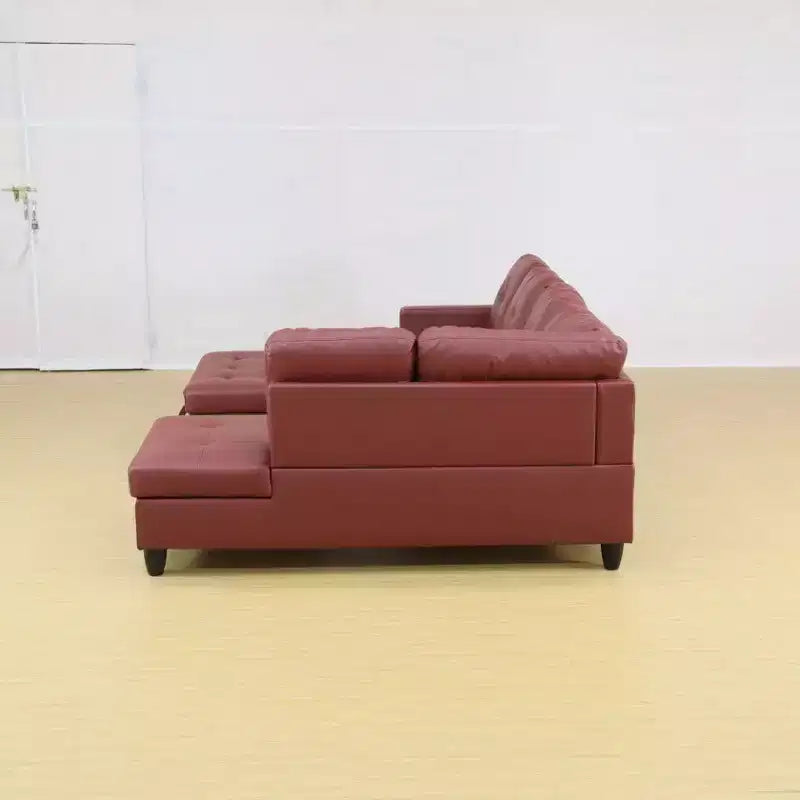 Élégant canapé sectionnel rouge en cuir semi-PU - Design en L, coussins moelleux, pouf de rangement, mobilier de salon moderne