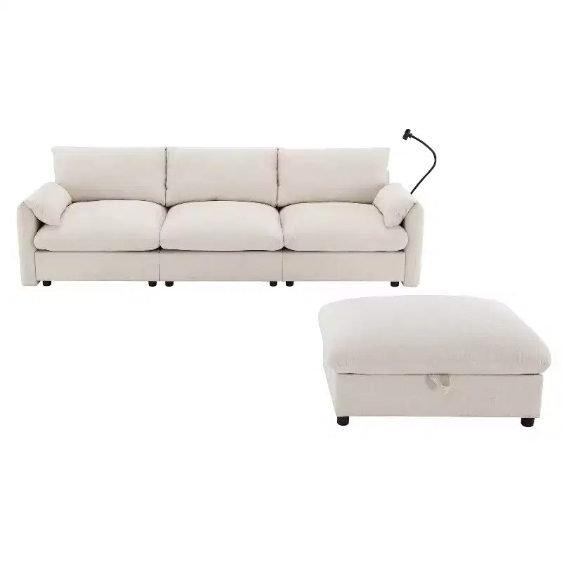 Canapé d'angle surdimensionné en chenille Whisen avec pouf de rangement et poches, support de téléphone réglable et ports de charge