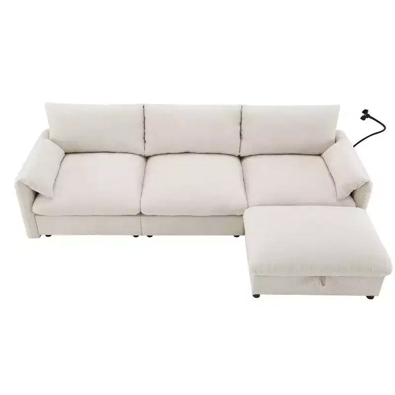 Canapé d'angle surdimensionné en chenille Whisen avec pouf de rangement et poches, support de téléphone réglable et ports de charge