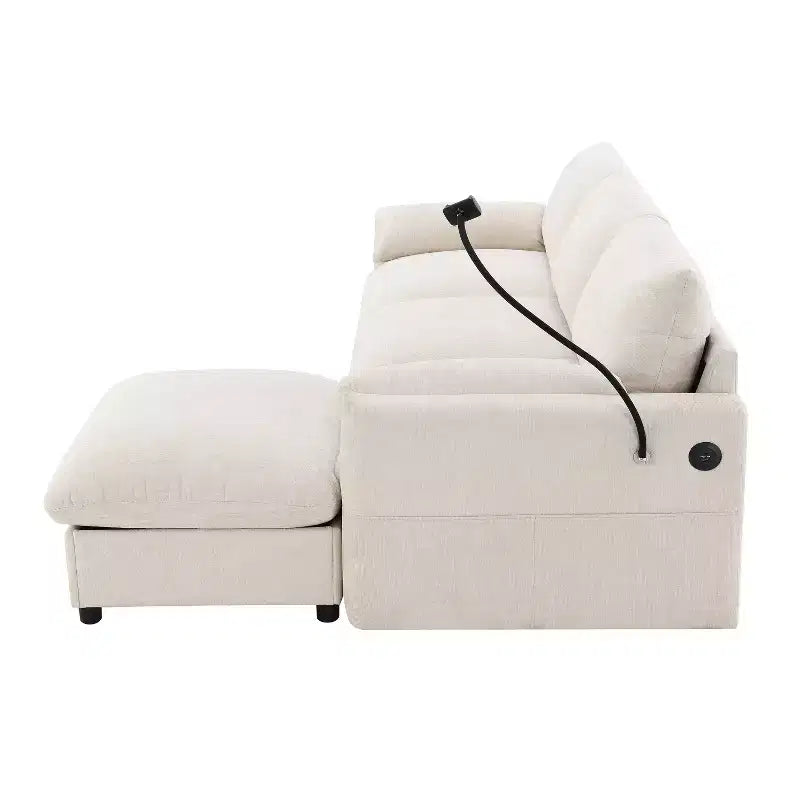 Canapé d'angle surdimensionné en chenille Whisen avec pouf de rangement et poches, support de téléphone réglable et ports de charge