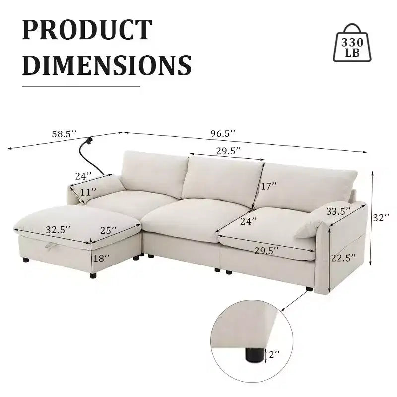 Canapé d'angle surdimensionné en chenille Whisen avec pouf de rangement et poches, support de téléphone réglable et ports de charge