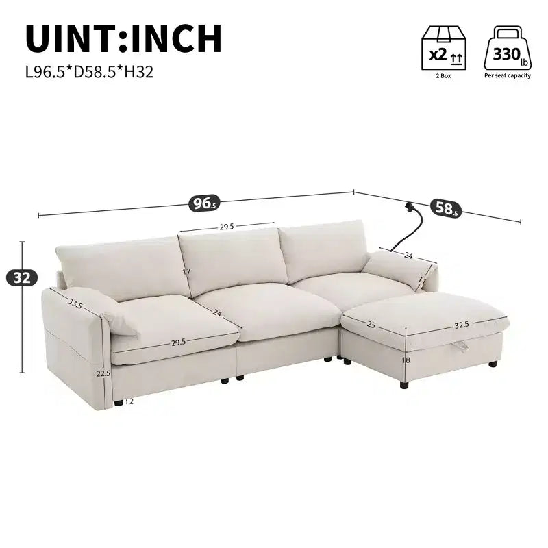 Canapé d'angle surdimensionné en chenille Whisen avec pouf de rangement et poches, support de téléphone réglable et ports de charge