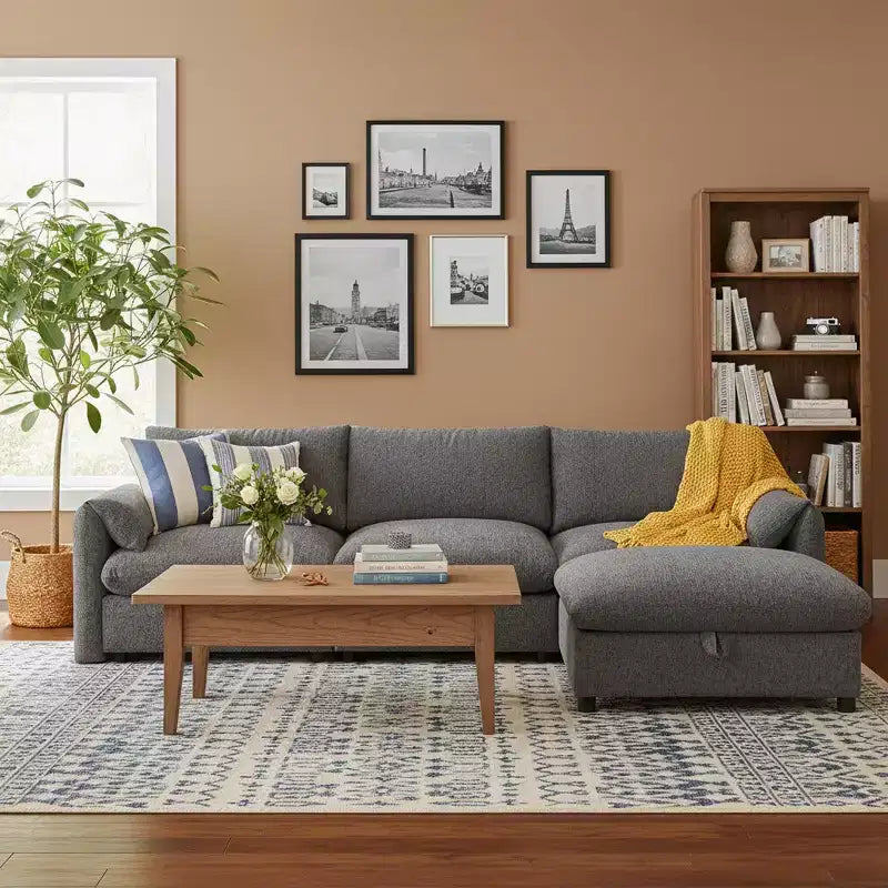 Canapé d'angle surdimensionné en chenille Whisen avec pouf de rangement et poches, support de téléphone réglable et ports de charge