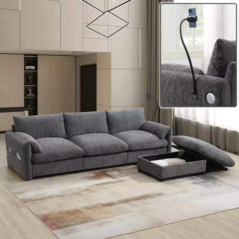 Canapé d'angle surdimensionné en chenille Whisen avec pouf de rangement et poches, support de téléphone réglable et ports de charge
