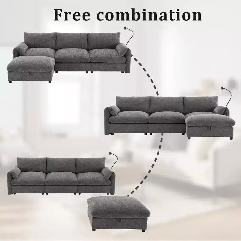 Canapé d'angle surdimensionné en chenille Whisen avec pouf de rangement et poches, support de téléphone réglable et ports de charge