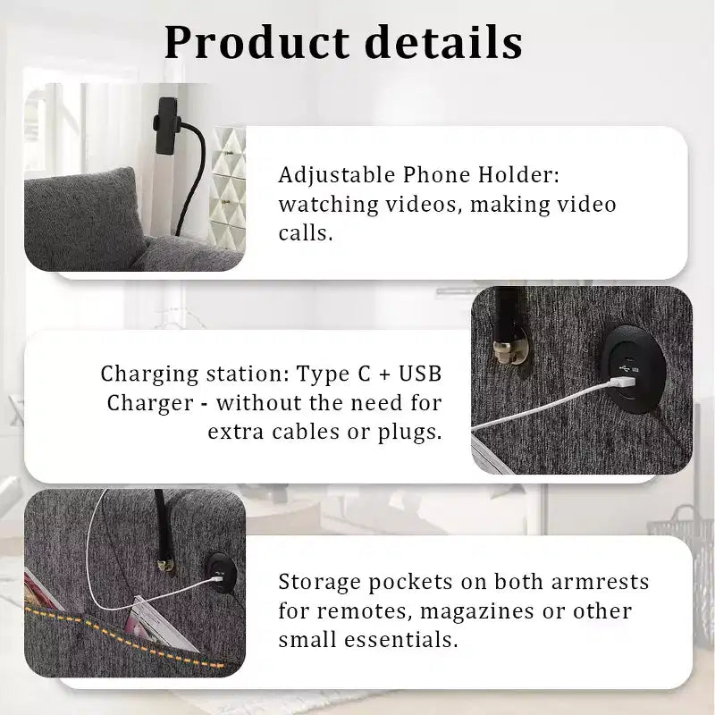 Canapé d'angle surdimensionné en chenille Whisen avec pouf de rangement et poches, support de téléphone réglable et ports de charge