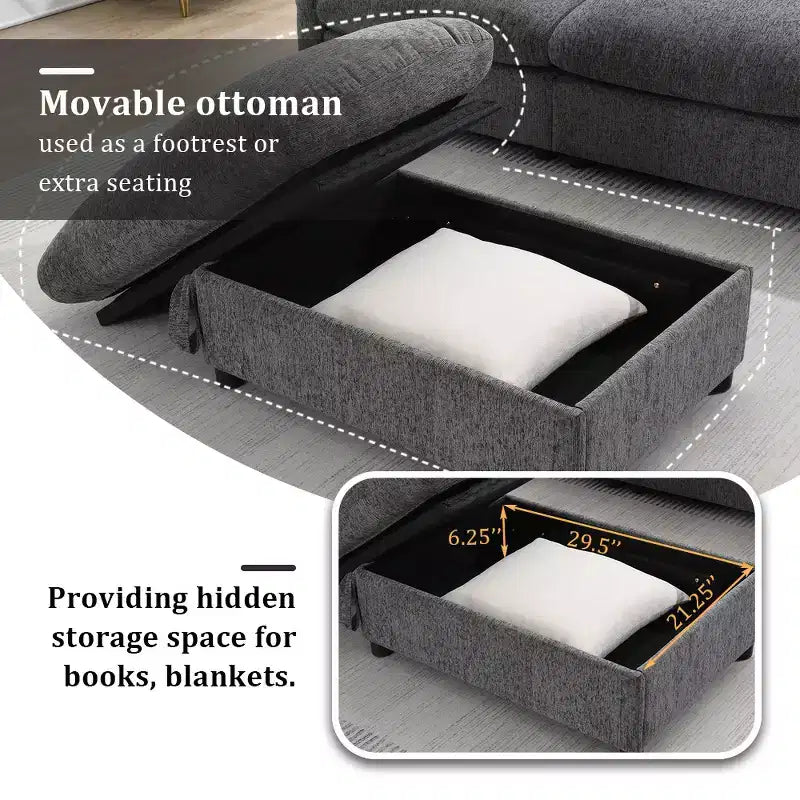 Canapé d'angle surdimensionné en chenille Whisen avec pouf de rangement et poches, support de téléphone réglable et ports de charge