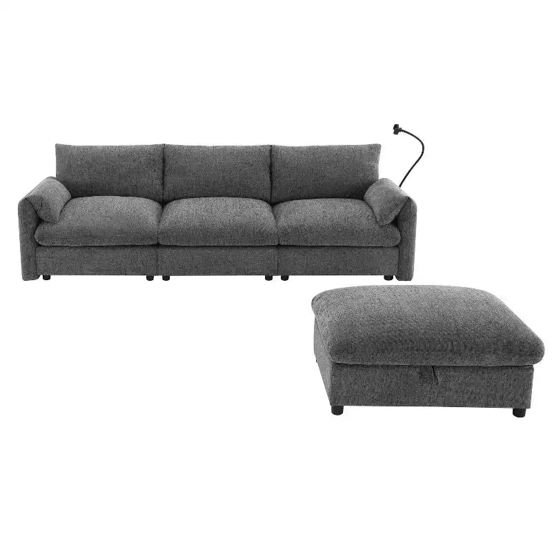 Canapé d'angle surdimensionné en chenille Whisen avec pouf de rangement et poches, support de téléphone réglable et ports de charge