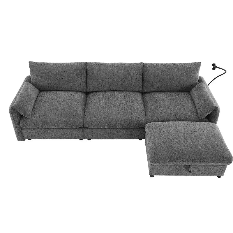 Canapé d'angle surdimensionné en chenille Whisen avec pouf de rangement et poches, support de téléphone réglable et ports de charge