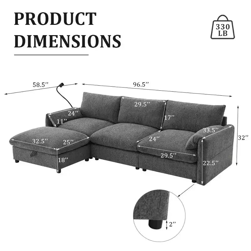 Canapé d'angle surdimensionné en chenille Whisen avec pouf de rangement et poches, support de téléphone réglable et ports de charge