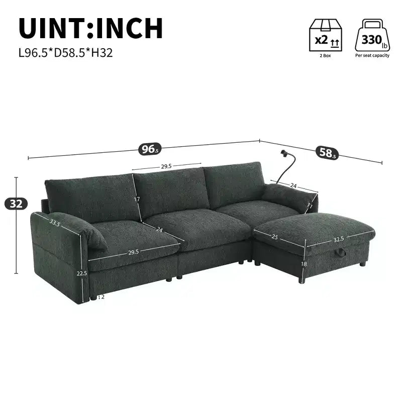 Canapé d'angle surdimensionné en chenille Whisen avec pouf de rangement et poches, support de téléphone réglable et ports de charge