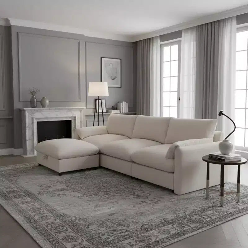 Canapé d'angle surdimensionné en chenille Whisen avec pouf de rangement et poches, support de téléphone réglable et ports de charge