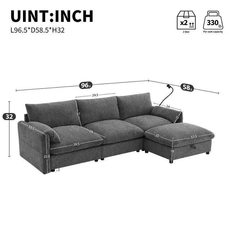 Canapé d'angle surdimensionné en chenille Whisen avec pouf de rangement et poches, support de téléphone réglable et ports de charge