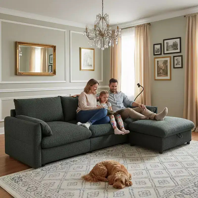 Canapé d'angle surdimensionné en chenille Whisen avec pouf de rangement et poches, support de téléphone réglable et ports de charge