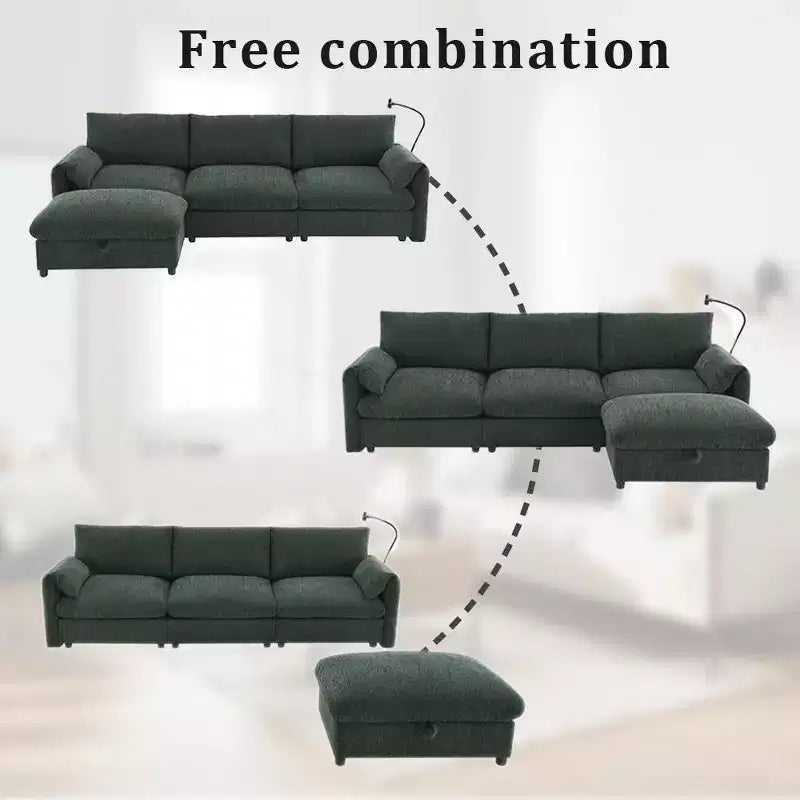 Canapé d'angle surdimensionné en chenille Whisen avec pouf de rangement et poches, support de téléphone réglable et ports de charge