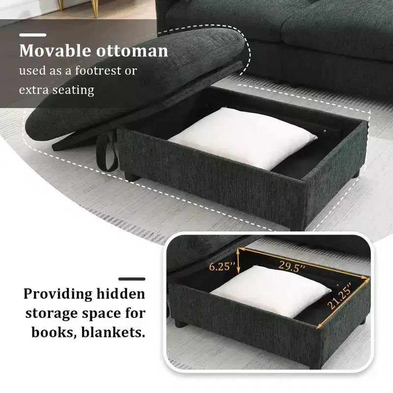 Canapé d'angle surdimensionné en chenille Whisen avec pouf de rangement et poches, support de téléphone réglable et ports de charge