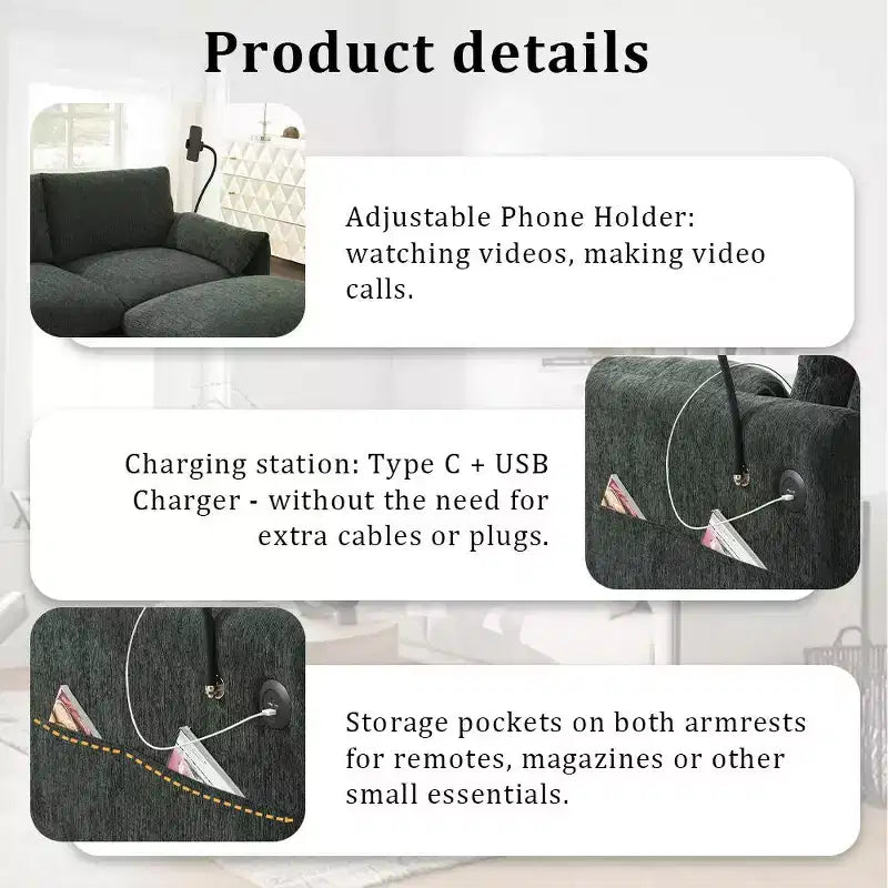 Canapé d'angle surdimensionné en chenille Whisen avec pouf de rangement et poches, support de téléphone réglable et ports de charge