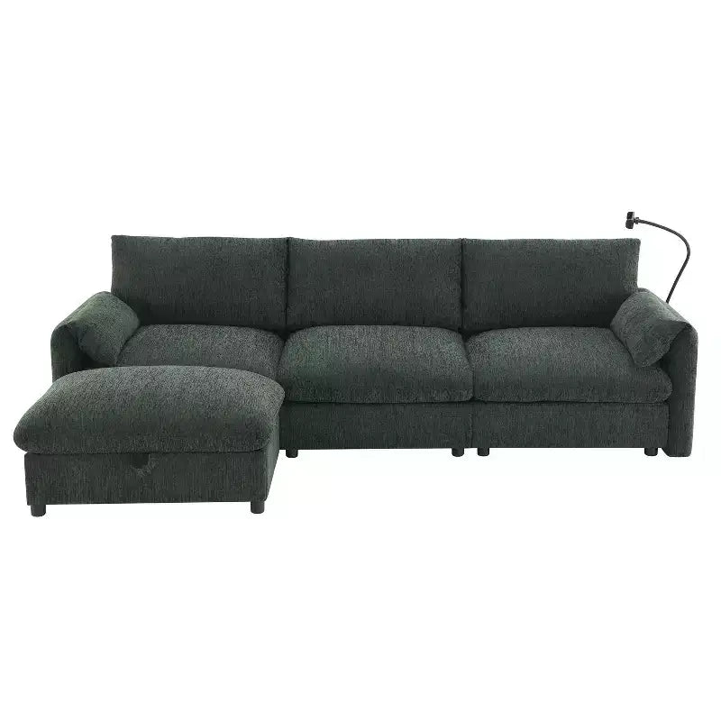 Canapé d'angle surdimensionné en chenille Whisen avec pouf de rangement et poches, support de téléphone réglable et ports de charge
