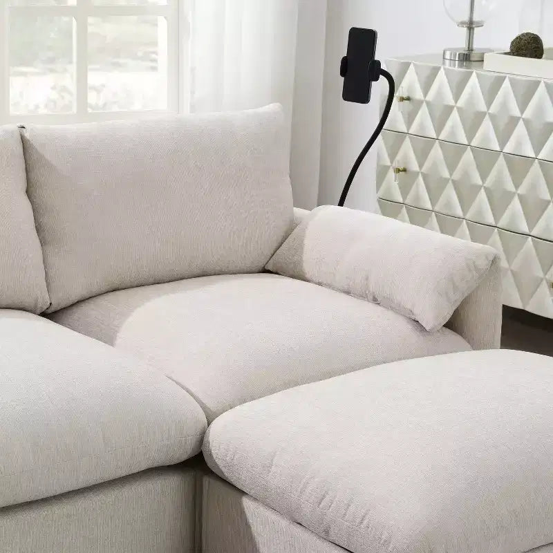 Canapé d'angle surdimensionné en chenille Whisen avec pouf de rangement et poches, support de téléphone réglable et ports de charge