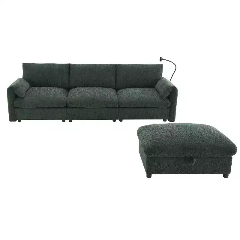 Canapé d'angle surdimensionné en chenille Whisen avec pouf de rangement et poches, support de téléphone réglable et ports de charge