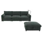 Canapé d'angle surdimensionné en chenille Whisen avec pouf de rangement et poches, support de téléphone réglable et ports de charge