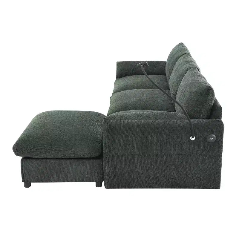 Canapé d'angle surdimensionné en chenille Whisen avec pouf de rangement et poches, support de téléphone réglable et ports de charge