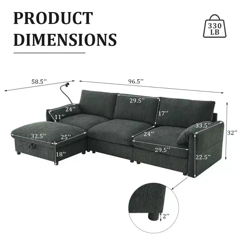 Canapé d'angle surdimensionné en chenille Whisen avec pouf de rangement et poches, support de téléphone réglable et ports de charge