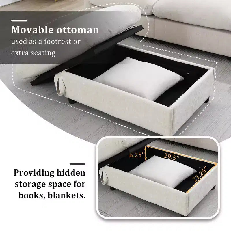 Canapé d'angle surdimensionné en chenille Whisen avec pouf de rangement et poches, support de téléphone réglable et ports de charge