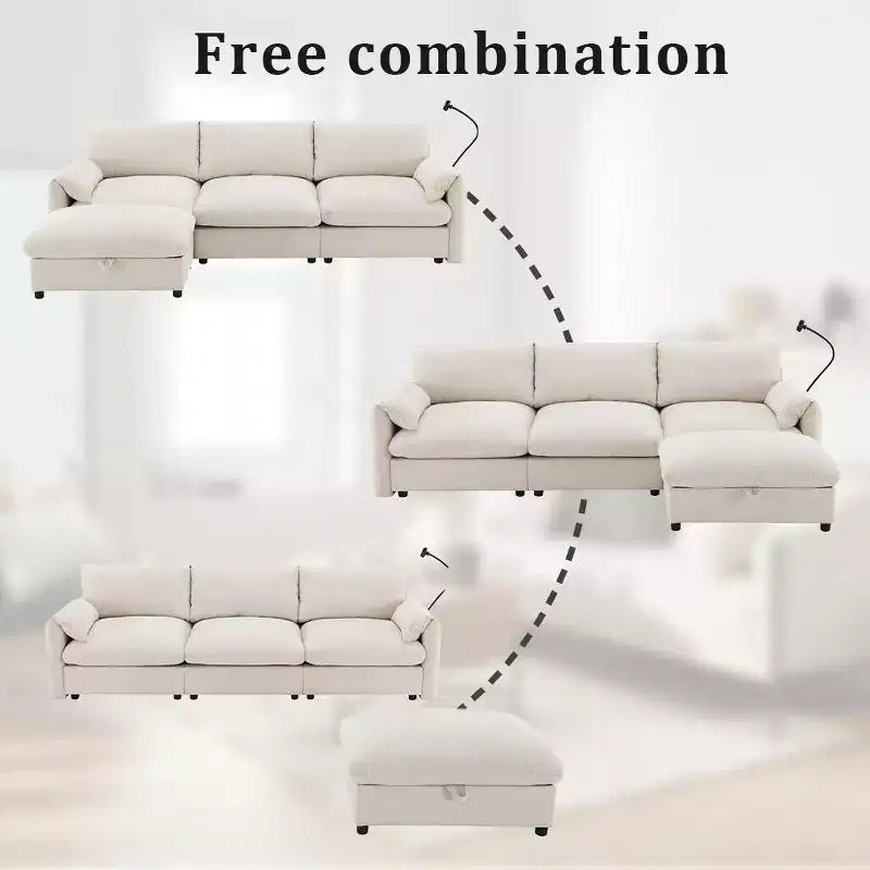 Canapé d'angle surdimensionné en chenille Whisen avec pouf de rangement et poches, support de téléphone réglable et ports de charge