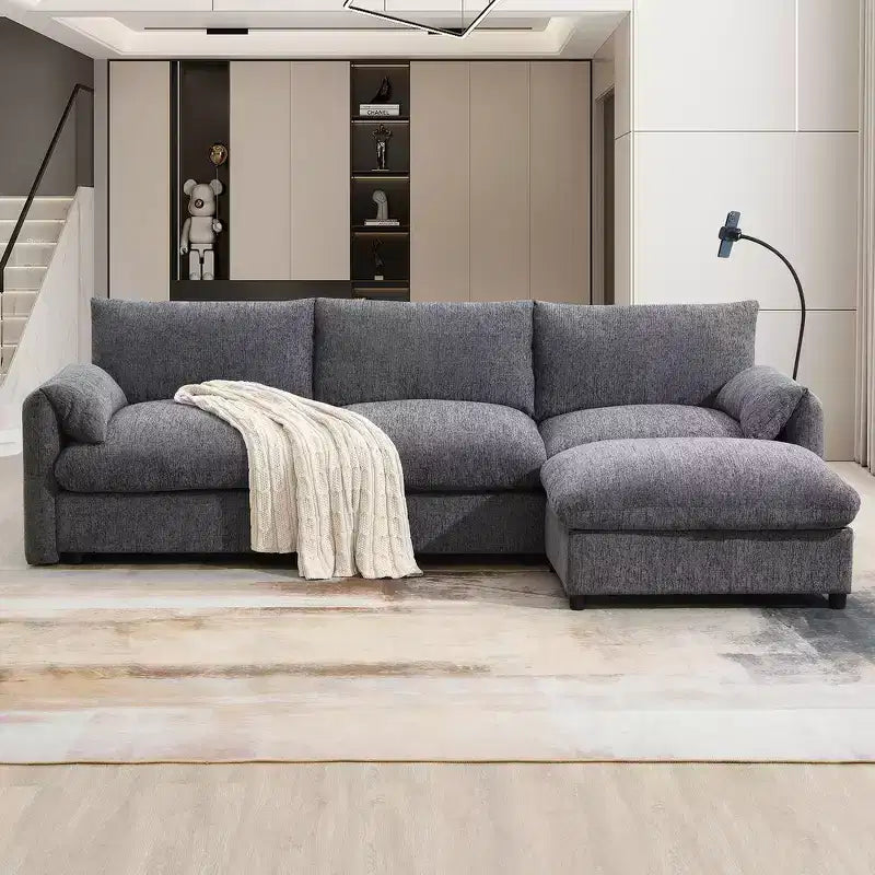 Canapé d'angle surdimensionné en chenille Whisen avec pouf de rangement et poches, support de téléphone réglable et ports de charge