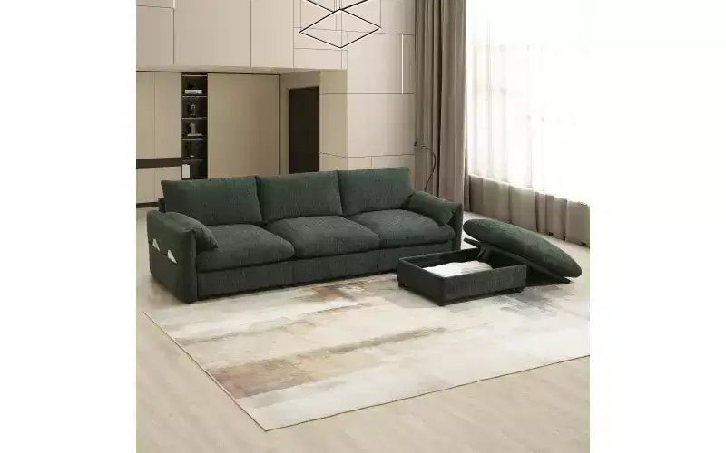 Canapé d'angle surdimensionné en chenille Whisen avec pouf de rangement et poches, support de téléphone réglable et ports de charge