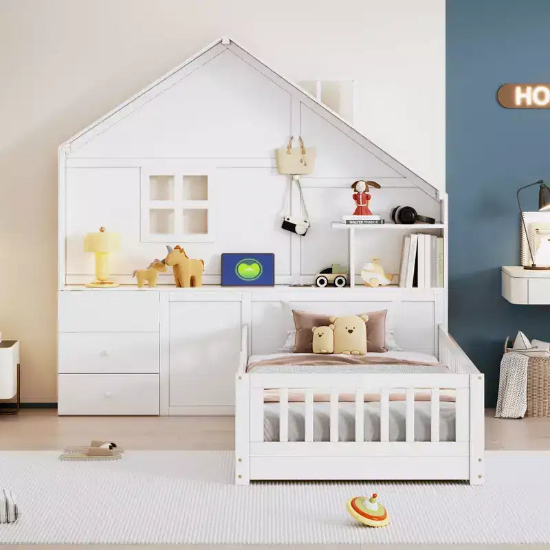 Lit cabane de taille double/complète avec cadre de lit plate-forme avec tiroirs de chevet, étagères, un ensemble de prises et un port USB, blanc-ModernLuxe
