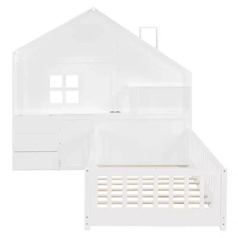 Lit cabane de taille double/complète avec cadre de lit plate-forme avec tiroirs de chevet, étagères, un ensemble de prises et un port USB, blanc-ModernLuxe